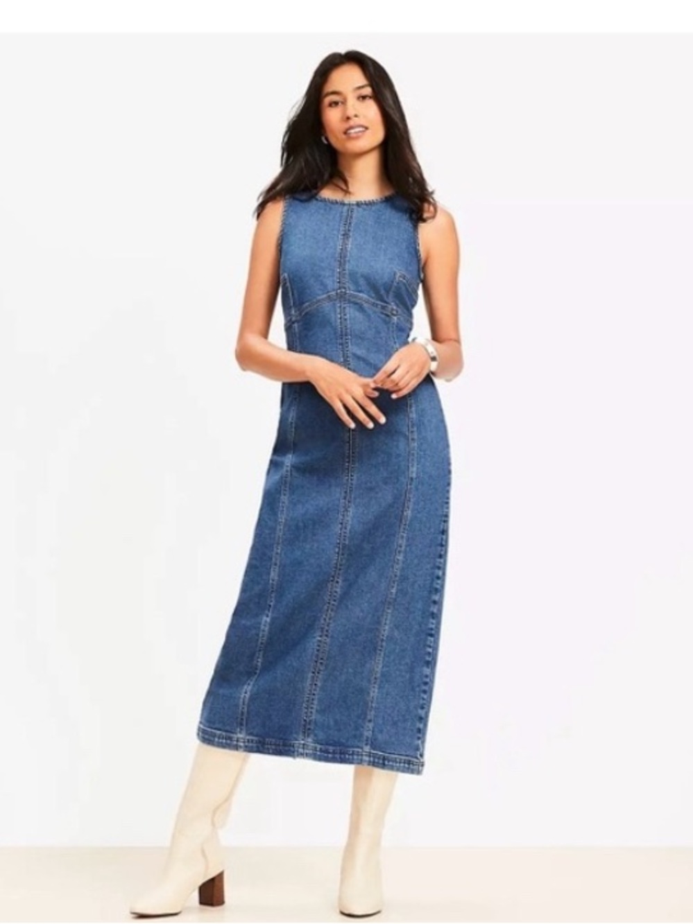 LOFT Petite Seamed Midi Dress Classic Mid Wash